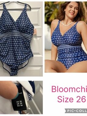 BloomChic Navy Geometric V-Neck One-Piece Swimsuit